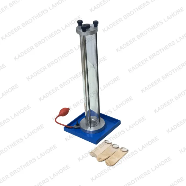 A Balloon Density Apparatus consisting of a vertical transparent cylinder with multiple chambers, a base, and a power cord, accompanied by two balloon samples, used for measuring the density of gases or liquids in laboratory experiments.