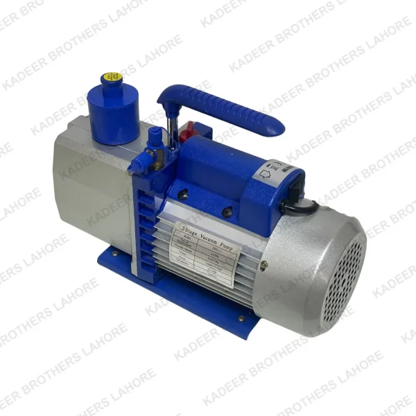 A detailed view of a 2 stage vacuum pump, emphasizing its robust construction, control features, and intended use for effective vacuum generation in scientific and manufacturing applications.