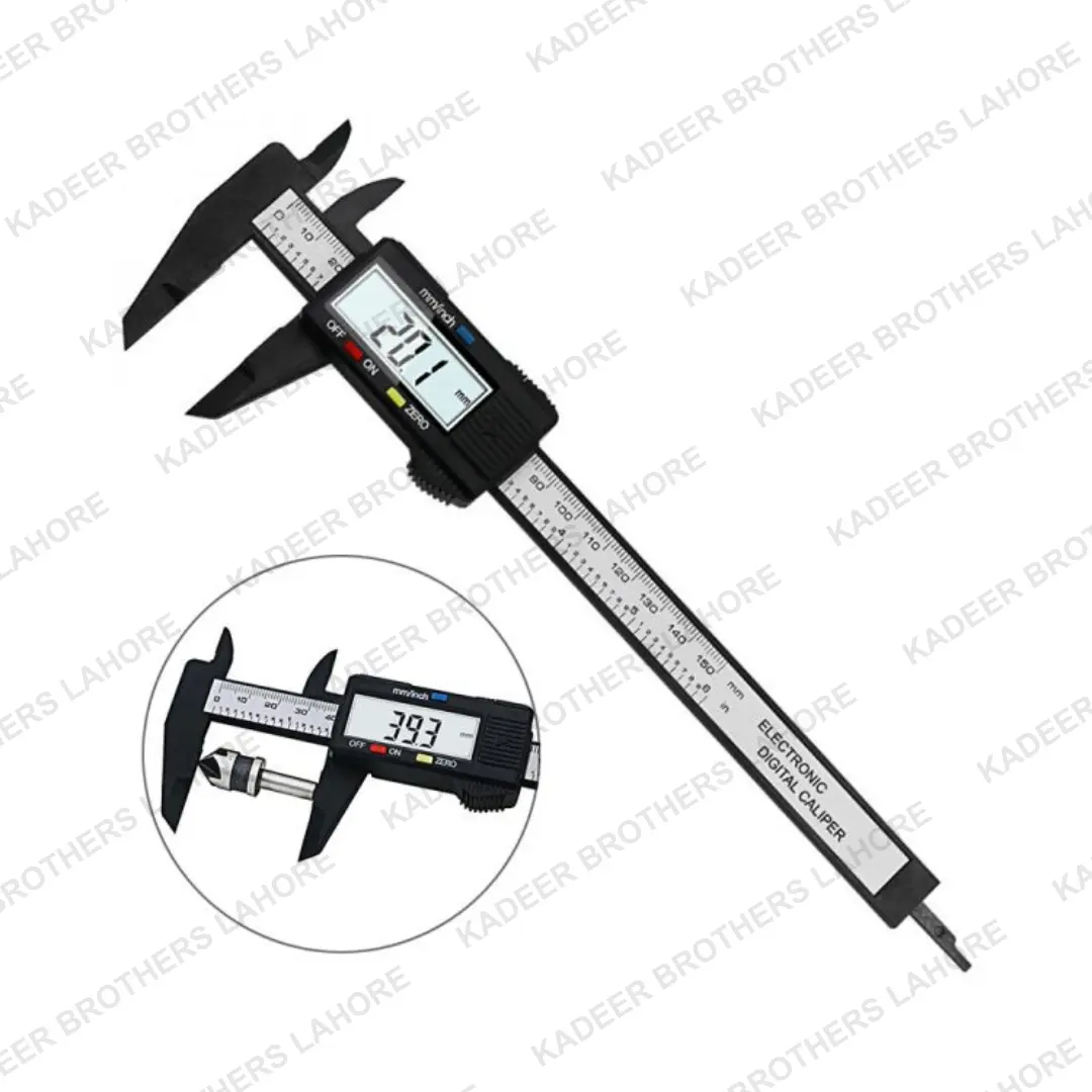 A digital vernier caliper displaying a clear LCD screen, designed for accurate measurements in millimeters and inches, ideal for engineering, woodworking, and machining applications.