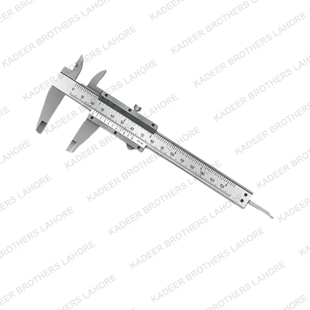 A vernier caliper featuring a scale for precise length measurement, suitable for various applications in laboratories and workshops, providing reliable readings in both metric and imperial units.